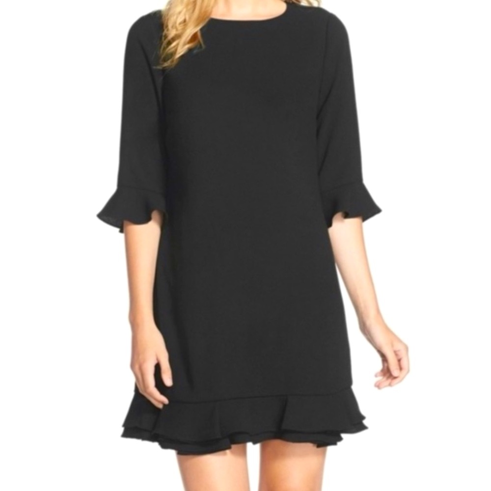 CeCe Mini Black Dress with Ruffled Edges 3/4 Sleeves Back Zipper Size 6 NWT